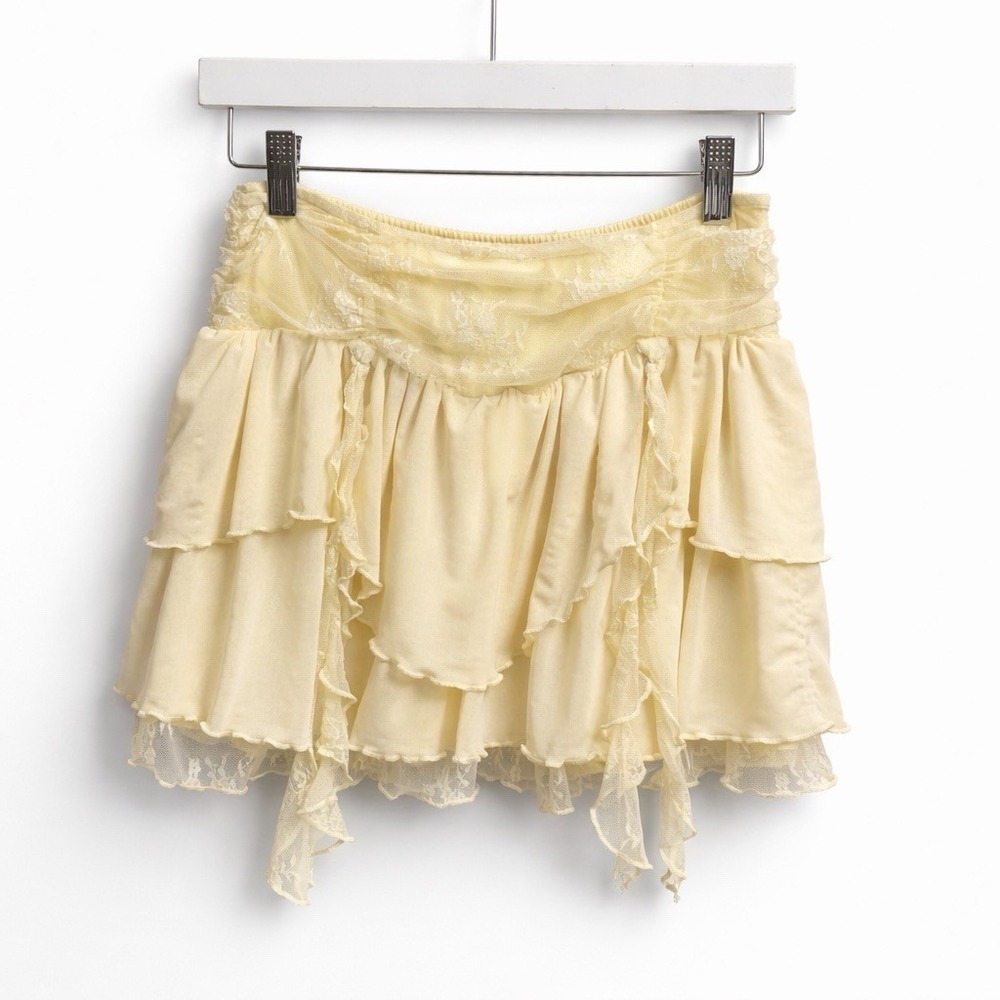 Tiger Mist Stretch Lace Tiered Mini Skirt XXS Yellow Fairycore Coquette